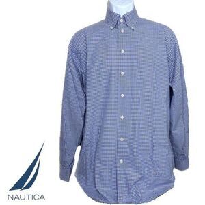 NAUTICA Blue Plaid Dress Shirt Mens L Cotton Button Down
